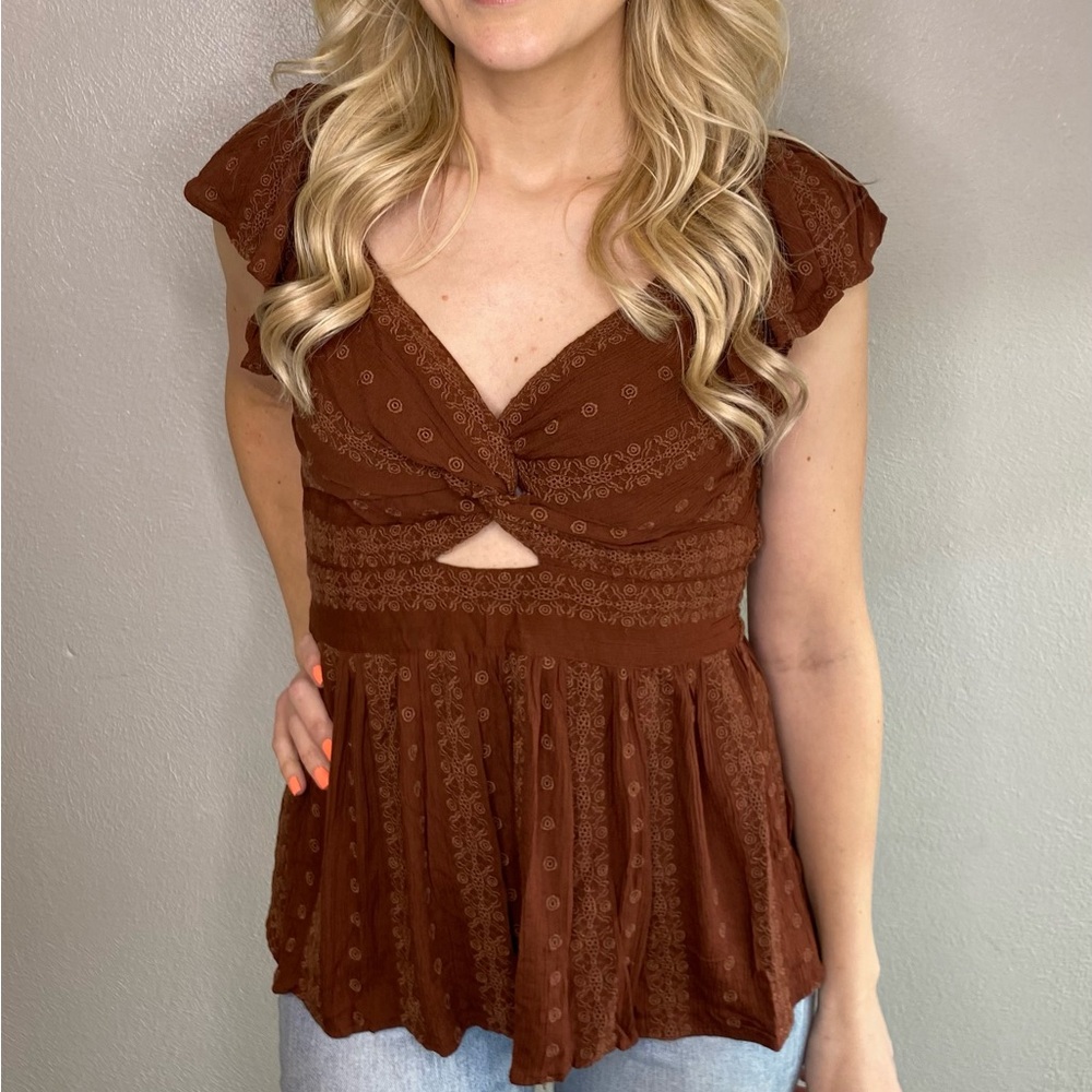 Brown Embroidered Twist Front Babydoll Top
